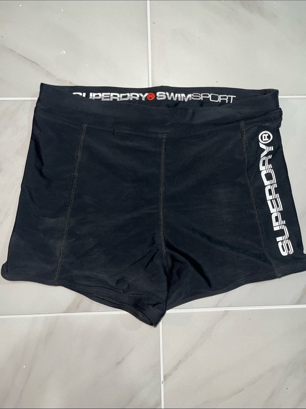 Superdry Black Mens Athletic Swim Shorts with White Logo